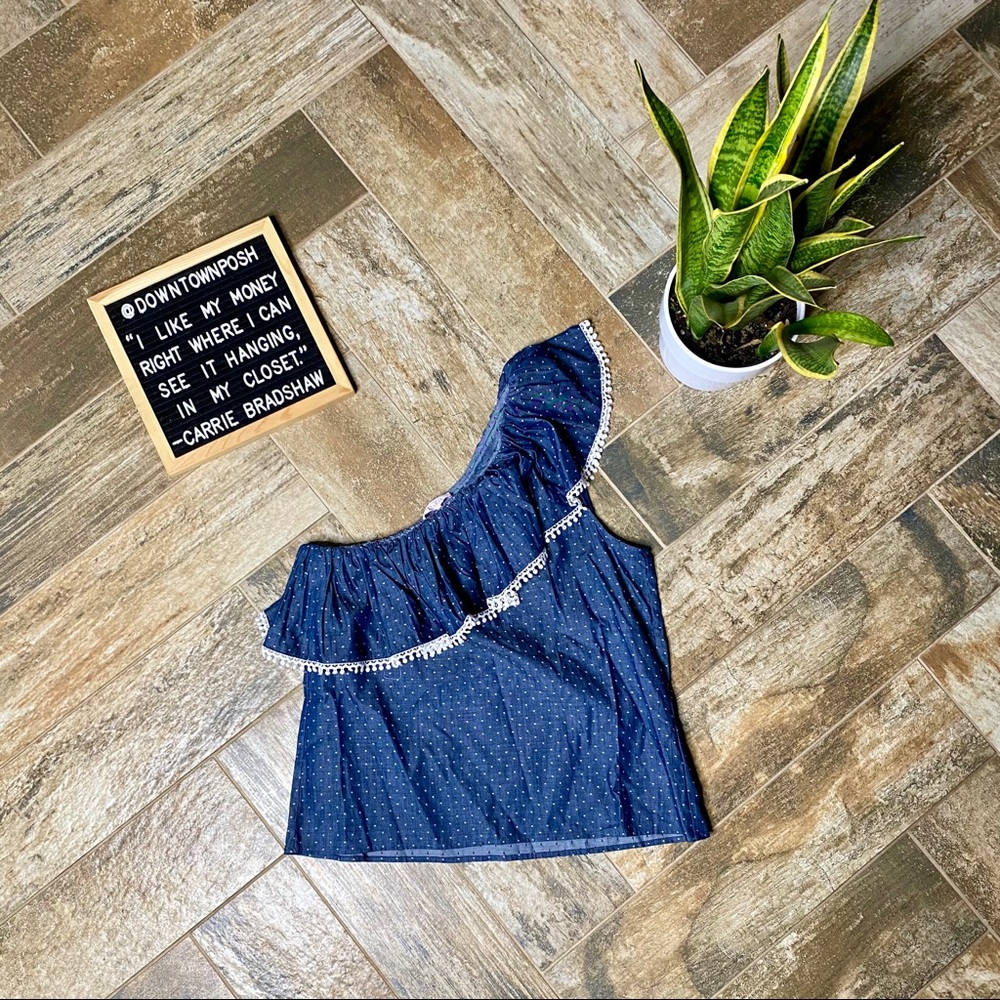 Ruffle Chambray Pokla Dot One Shoulder Top